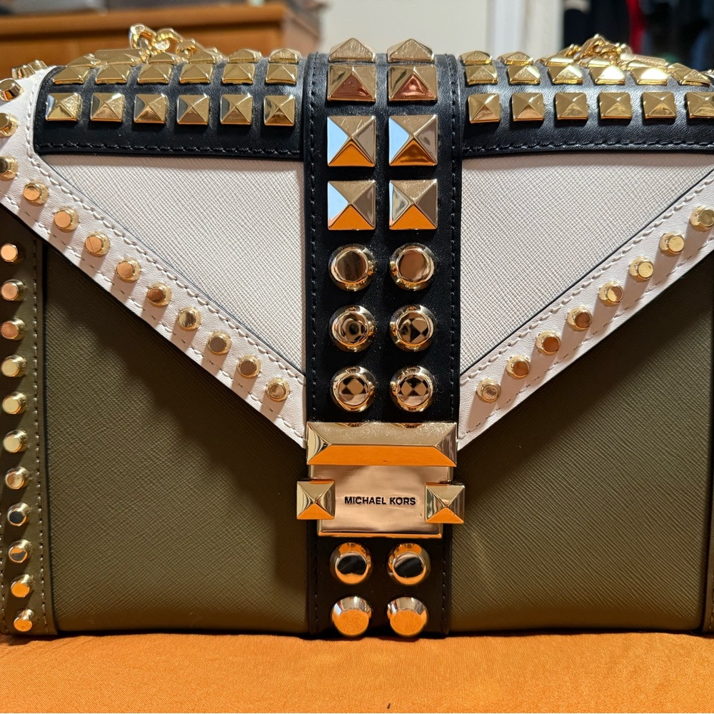 Michael Kors Whitney Olive and Gold Studded Crossbody Bag